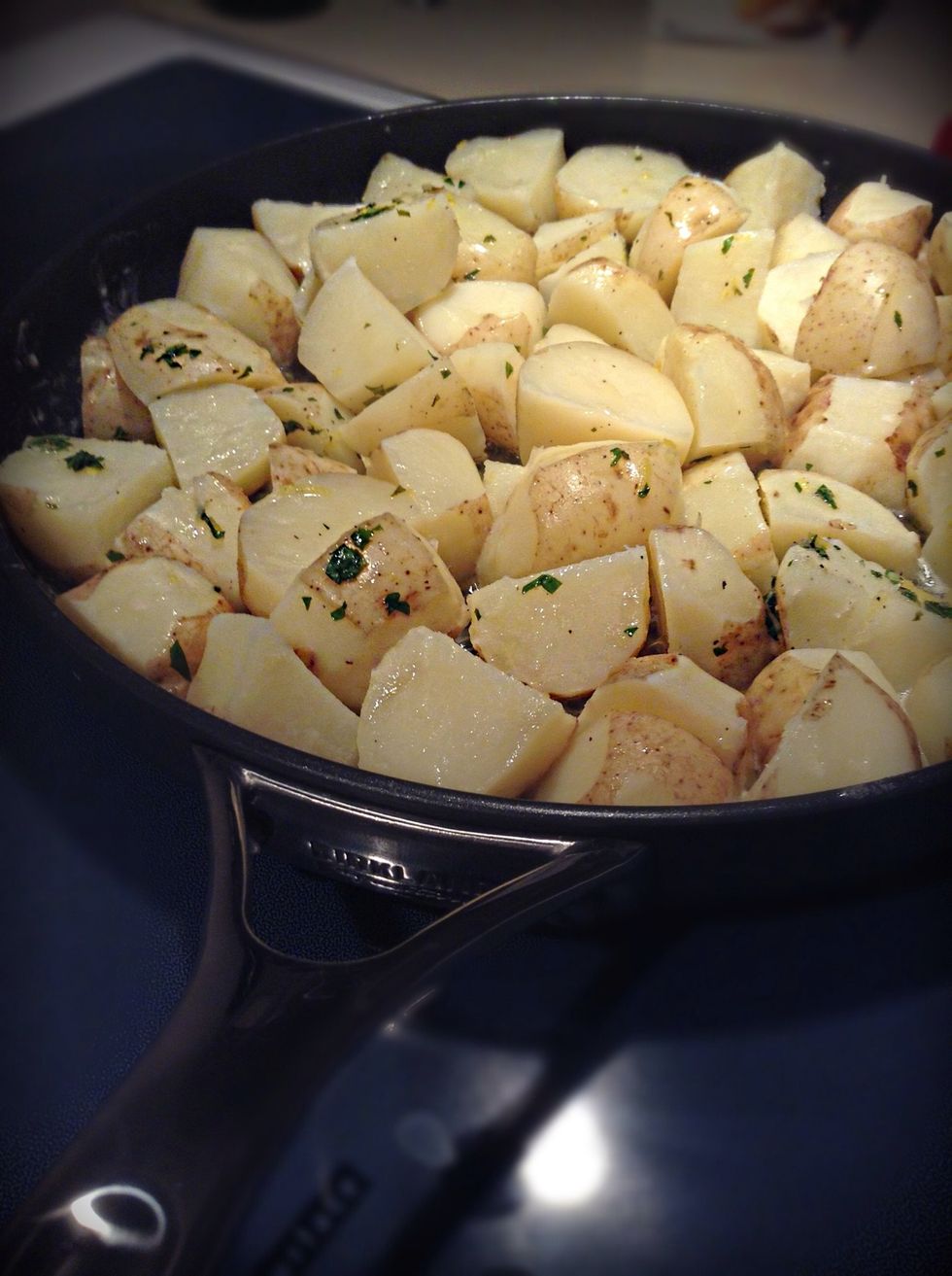 Place the potatoes down onto whatever side is more exposed to the actual potato and not the skin Once you notice the potatoes are getting slightly brown on that side turn them to another exposed side