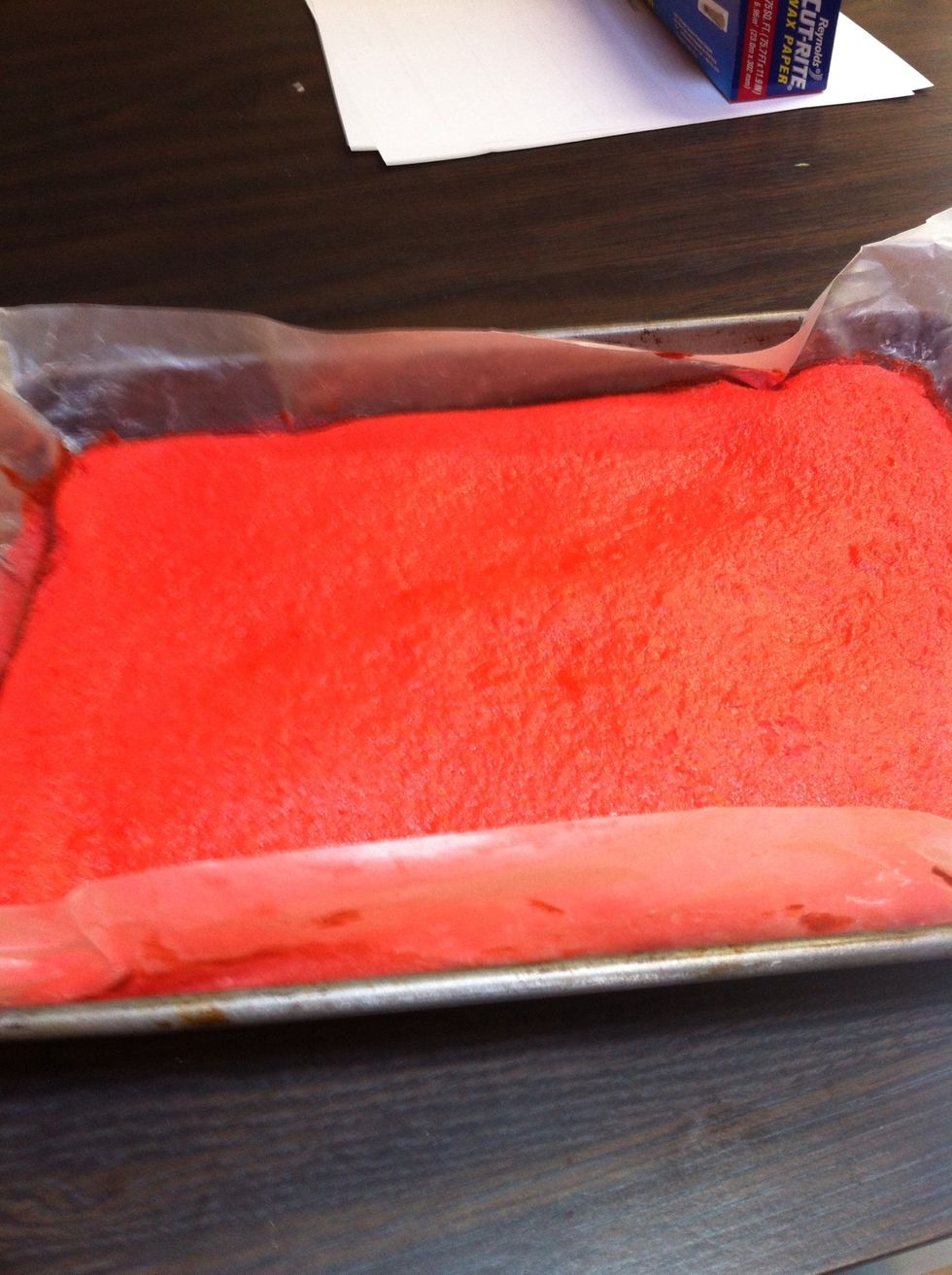 Place the red layer back in the pan, keeping the parchment paper on.