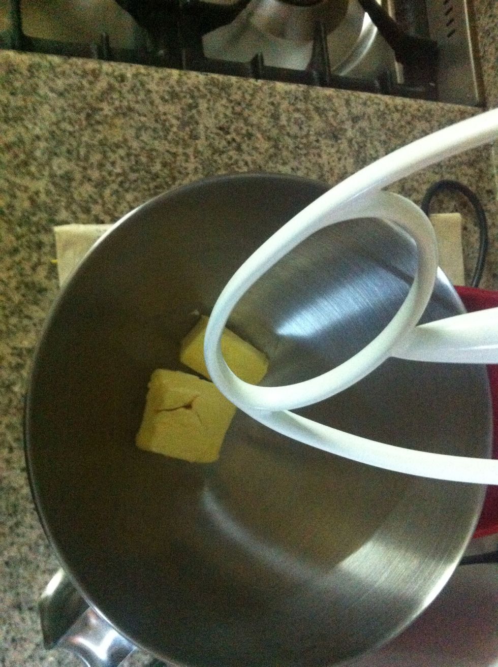 Place the remaining 1/2 cup butter (1 stick) in a mixing bowl or a mixer with a paddle attachement. Make sure the butter is softened.