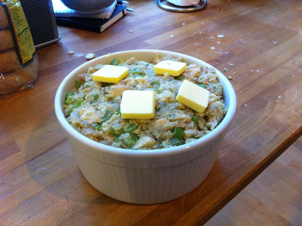 Place the remaining stuffing (you do want leftovers of this amazing stuff, right?), dot with butter, cover, and refrigerate.