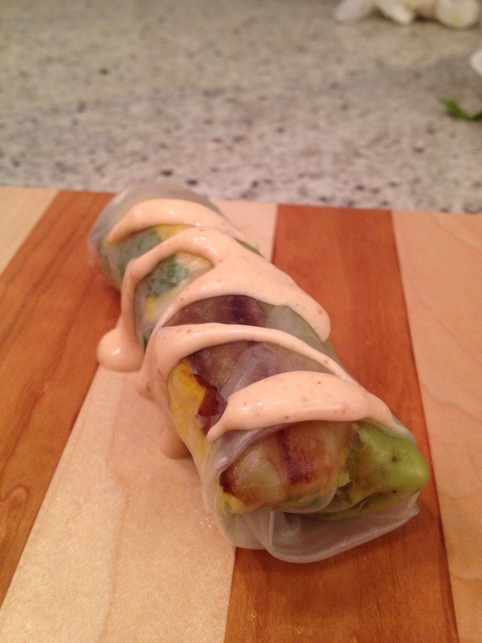 Place the seam side down and it is ready to serve. You can be creative and add different sauces to it. I put spicy mayo, because I love this sauce on almost any thing.