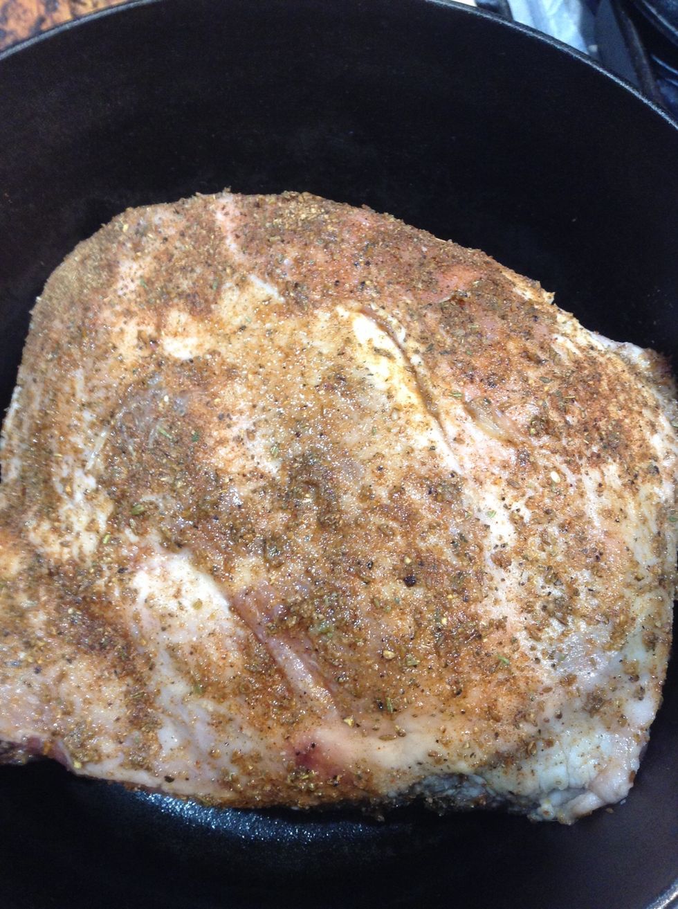 Place the seasoned roast into the cast iron casserole. Roast 15 minutes at 450F then reduce heat to 325F. After 1 hour add baby turnips and fennel tossed with a teaspoon of olive oil to roast cover