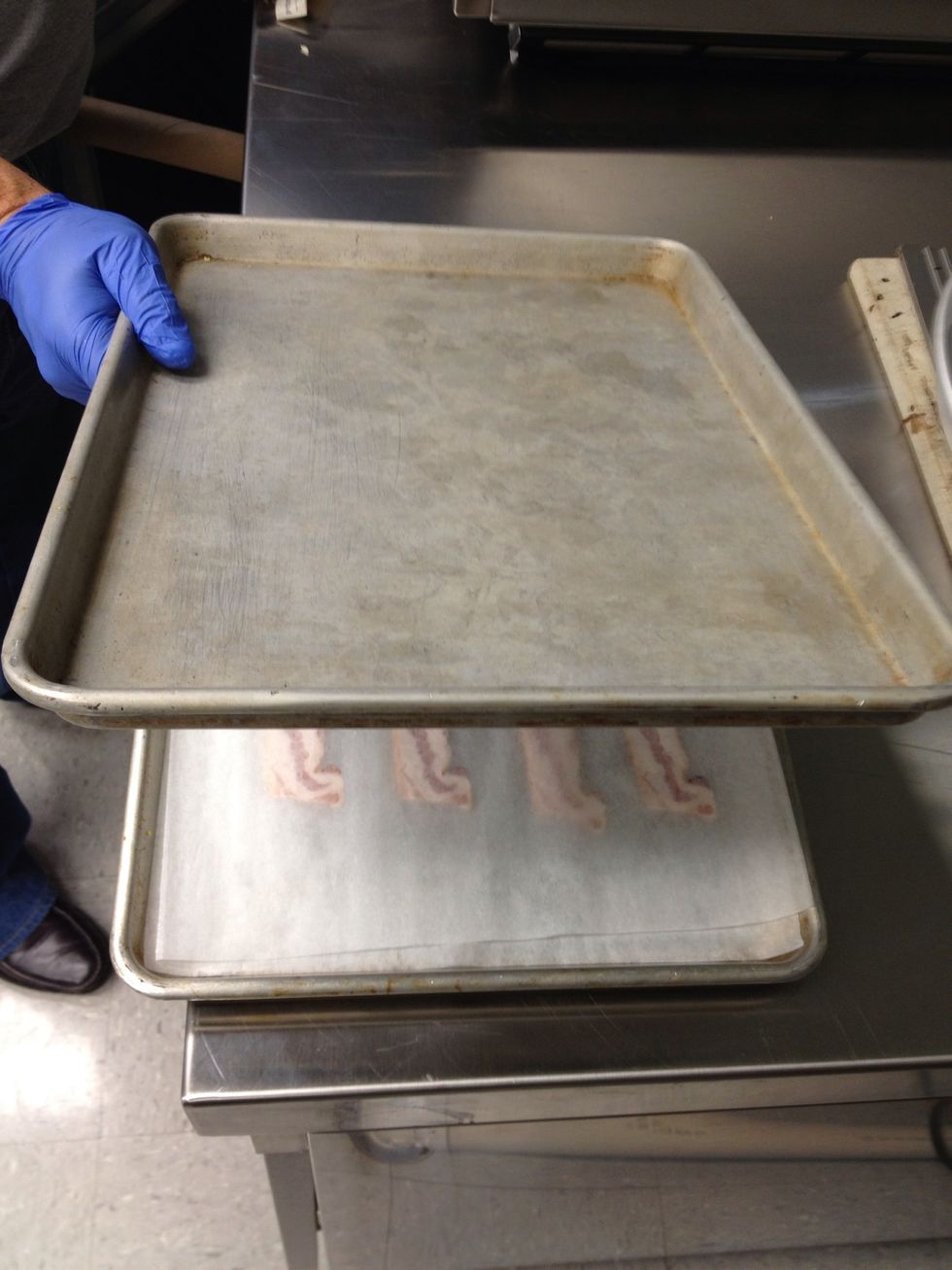 Place the second sheet pan on top of the parchment paper so that it nests inside of the bottom sheet pan.