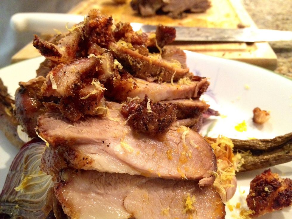 Place the slices of pork on top, then lastly zest & juice a fresh lemon. In about 4 hours, you will have something to die for! Enjoy and Eat!