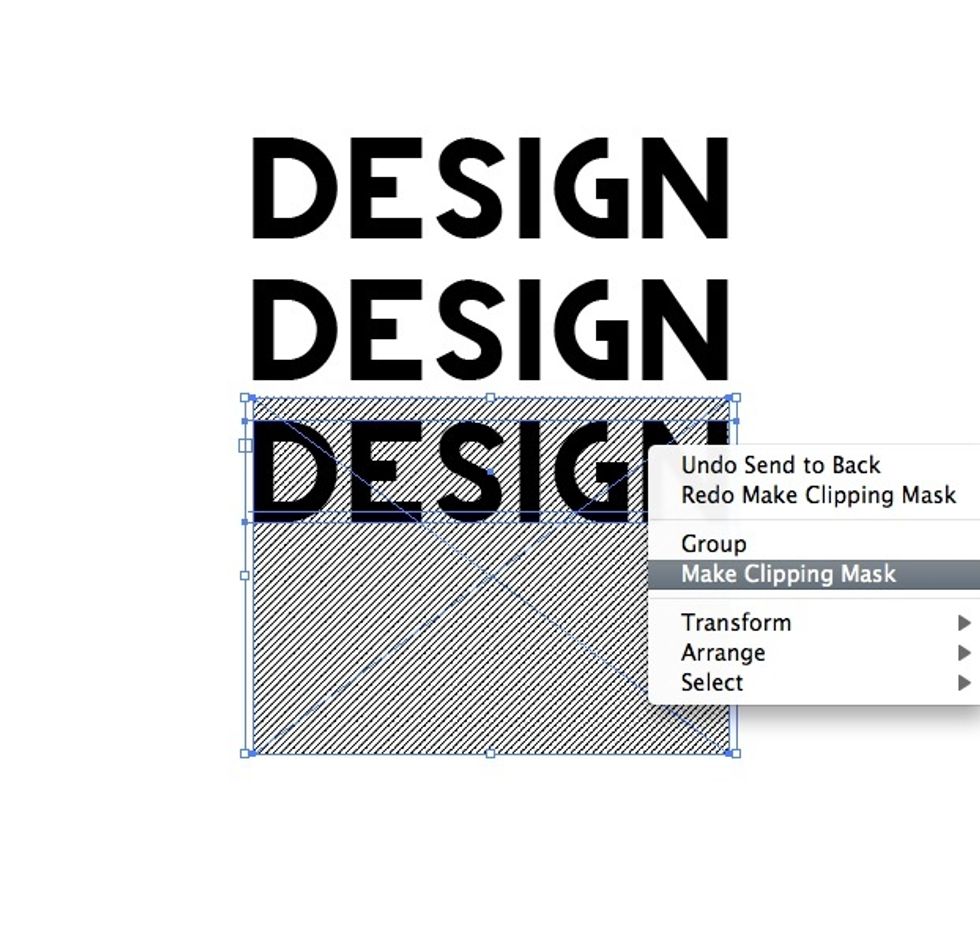 Place the stripy image under the last word. Right click and select "Create Clipping Mask"