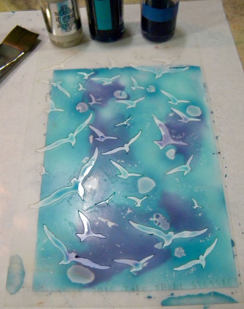 Place the Take Flight stencil over the Minx and let this sit overnight.