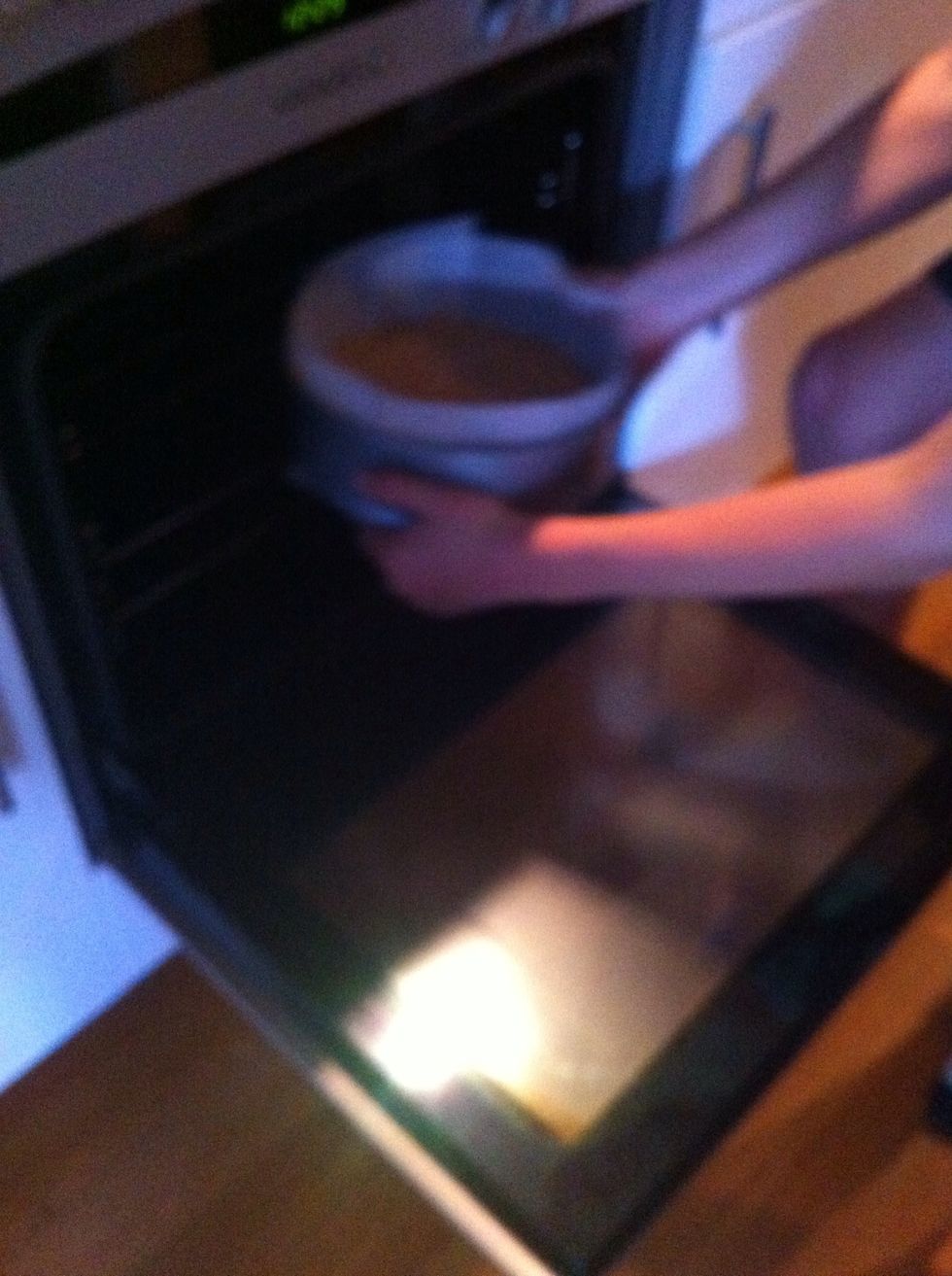 Place the tin into the oven and cook for 55-60 minutes or check with a fork or skewer to see if the utensil comes out clean