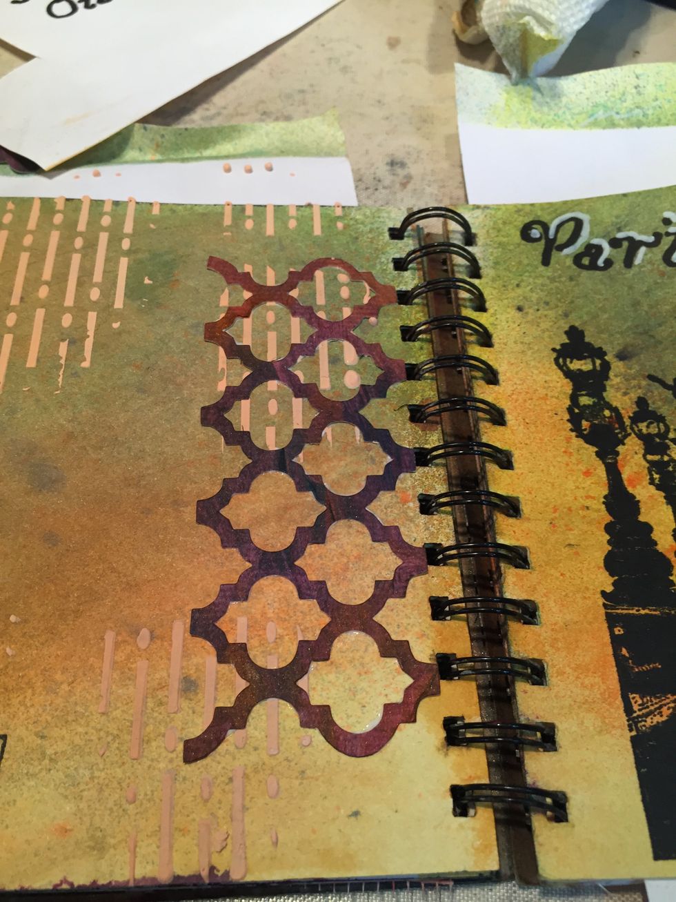 Place the trellis you cut from the painted Bristol paper on the far right of the left page.