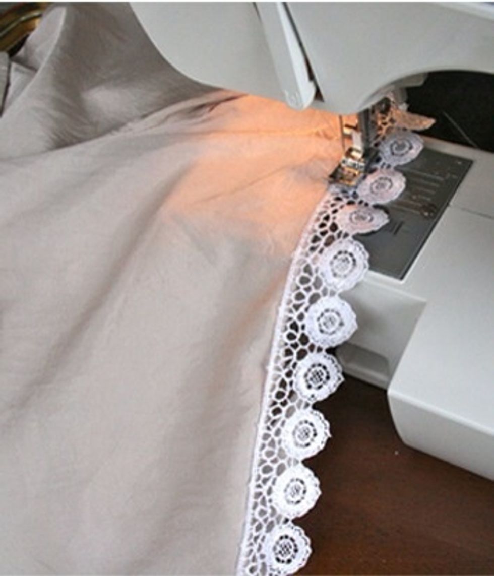 Place the trim along the hem of your shorts and sew. For those not so confident in sewing, pin down the lace before you start sewing.