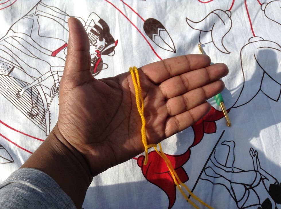 Place the yarn across your palm. The end should hang down as above and the working yarn should fall across the back of your hand.