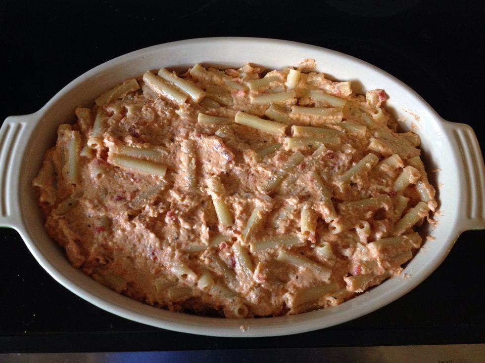 Place the ziti mixture in the baking dish