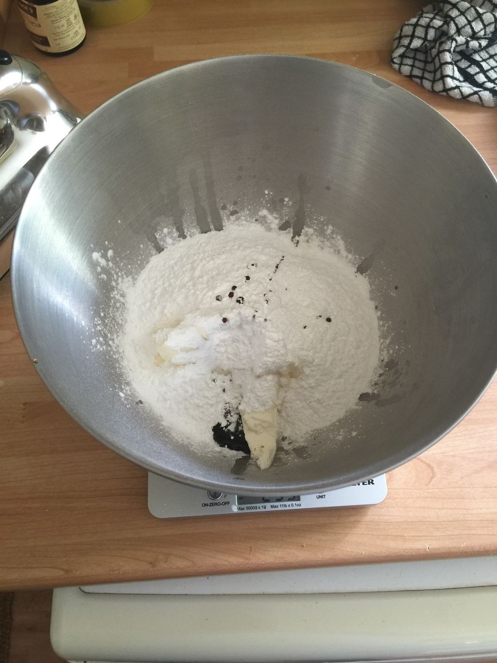 Place them all in a bowl, and beat using an electric mixer. The using sugar will spray out so u can add in half bits instead. Or beat fast and try not to get it every where