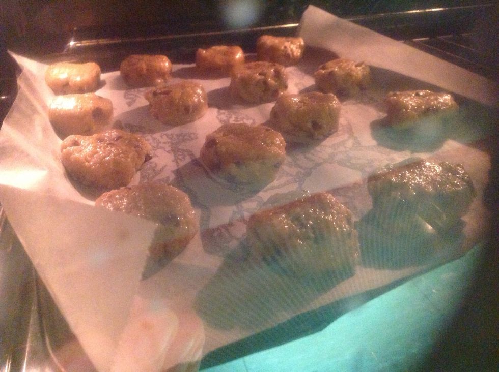 Place them into the oven for around twenty minutes. To judge if they're ready, check their colour. You want them looking a lovely golden shade.