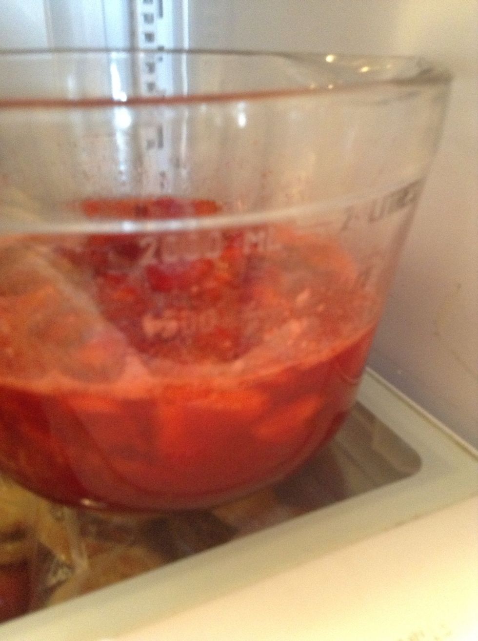 Place this in the fridge while you wait for it to set up. Remember to go back and stir every ten minutes so that it doesn't congeal and cause it difficult to spread on top the filling