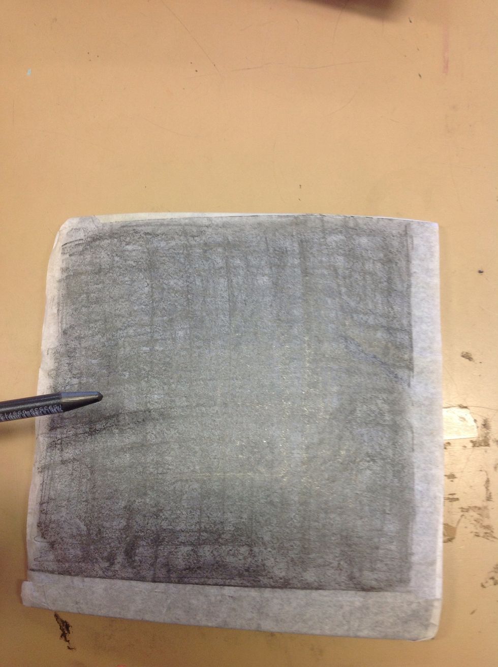 Place tracing paper, drawing side down, on your Lino and with a graphite pencil shade over the back of your drawing. This will transfer the lead pencil drawing from the tracing paper to the Lino piece