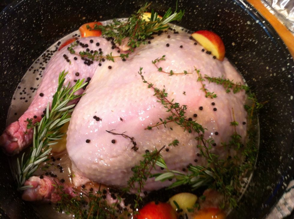 Place turkey in large pot. Add cider brine. Insert apple and orange quarters into turkey. Add more fruit, other seasonings and peppercorns to pot. Cover turkey with more cider.
