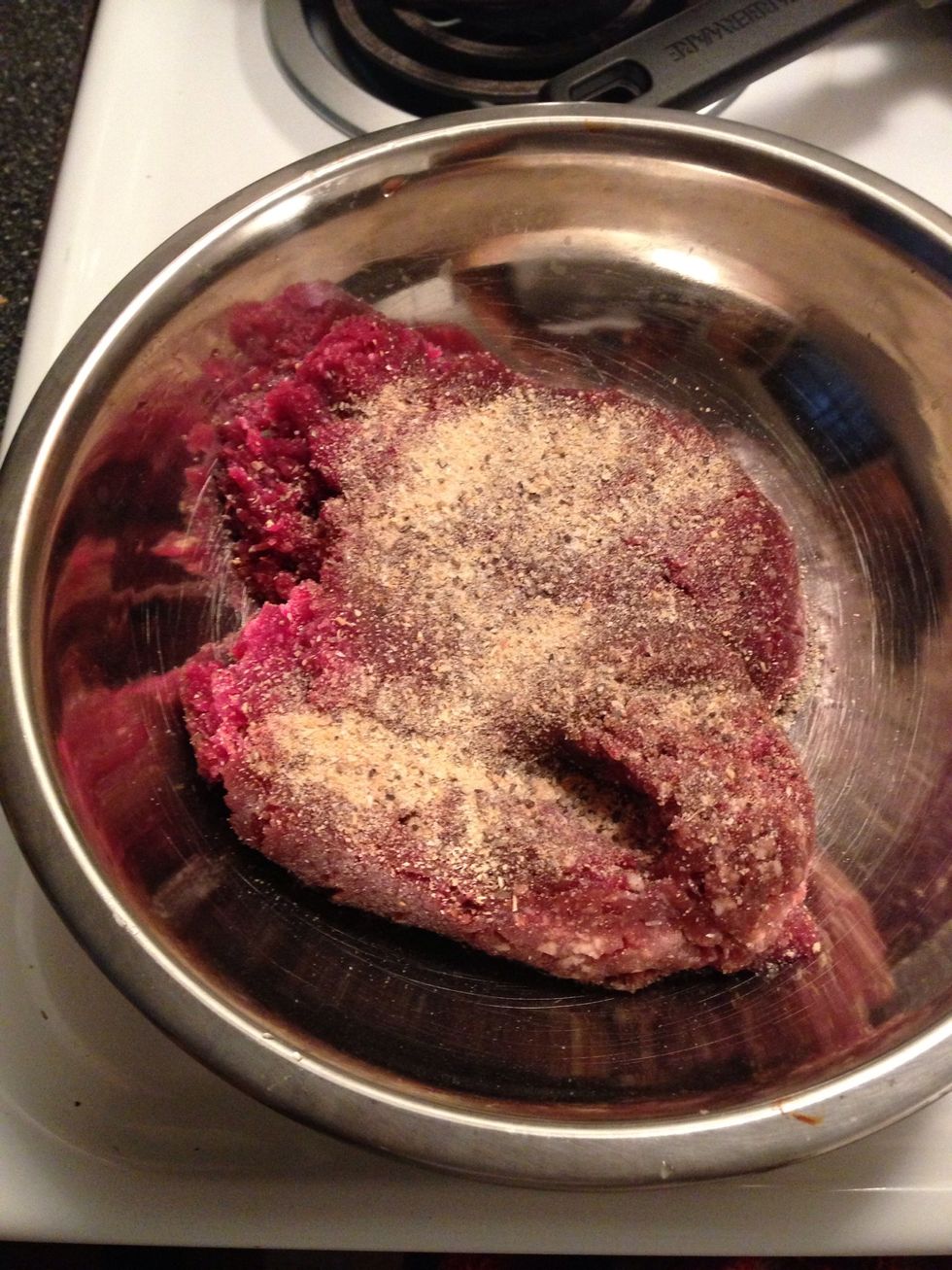 Place venison in bowl & add seasonings. Since this is wild game, the flavor is stronger than beef. Be generous with spices to tame the "wild" taste.