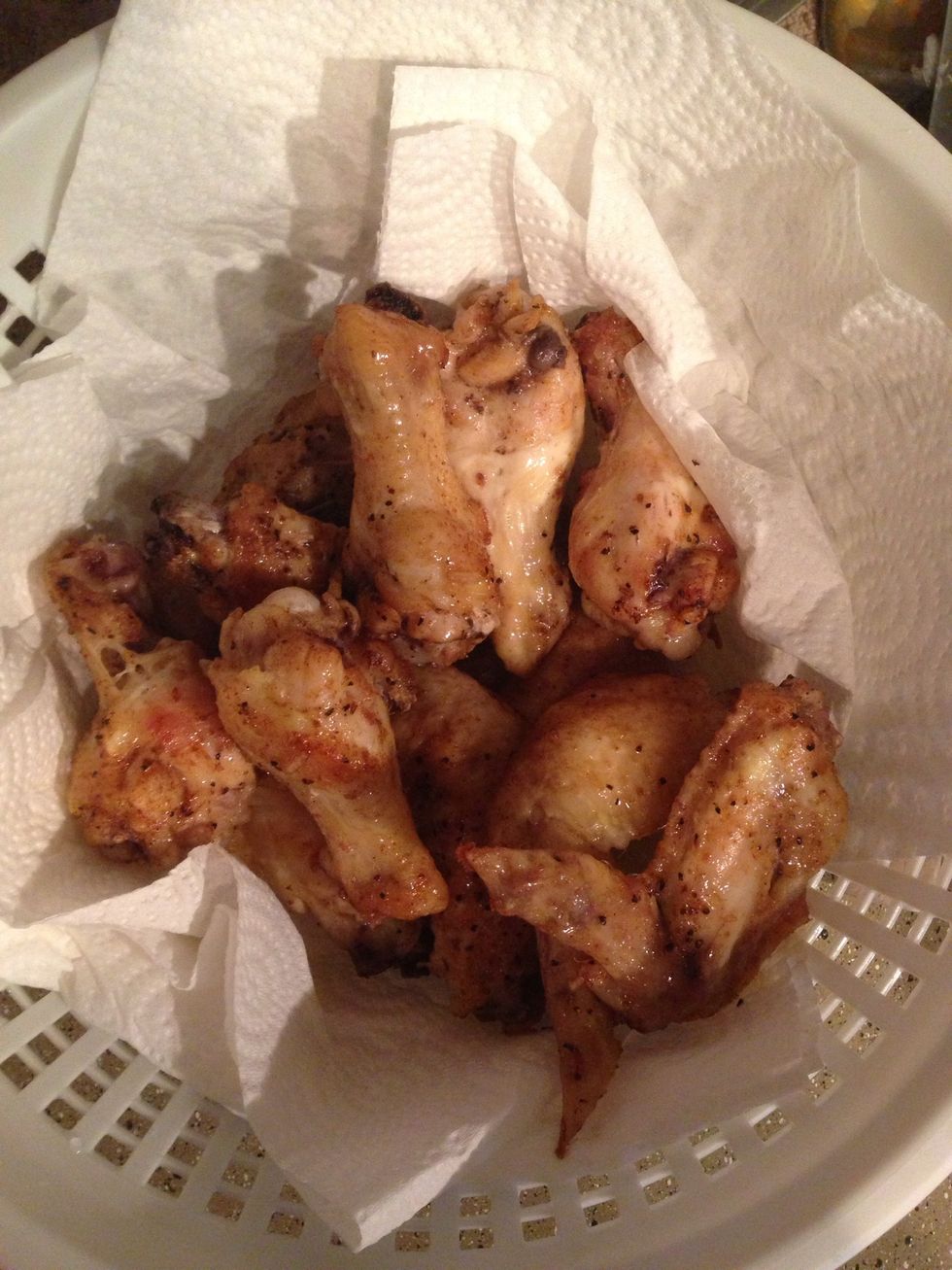 Place well done chicken in dish