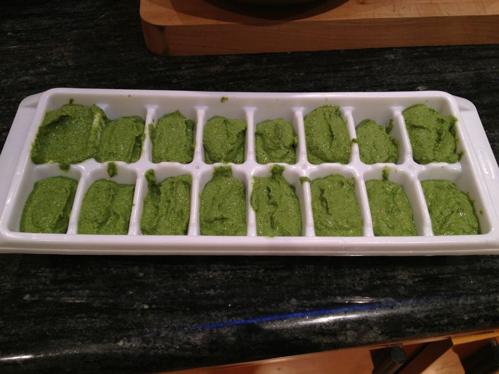 Place whatever you are not using immediately into an ice tray.  I just use a spoon, and drop a glob into each compartment. Cover with a sheet of plastic wrap and stick in the freezer.