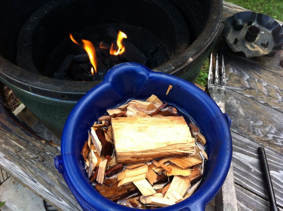 Place wood and wood chips into a bucket and fill with water.