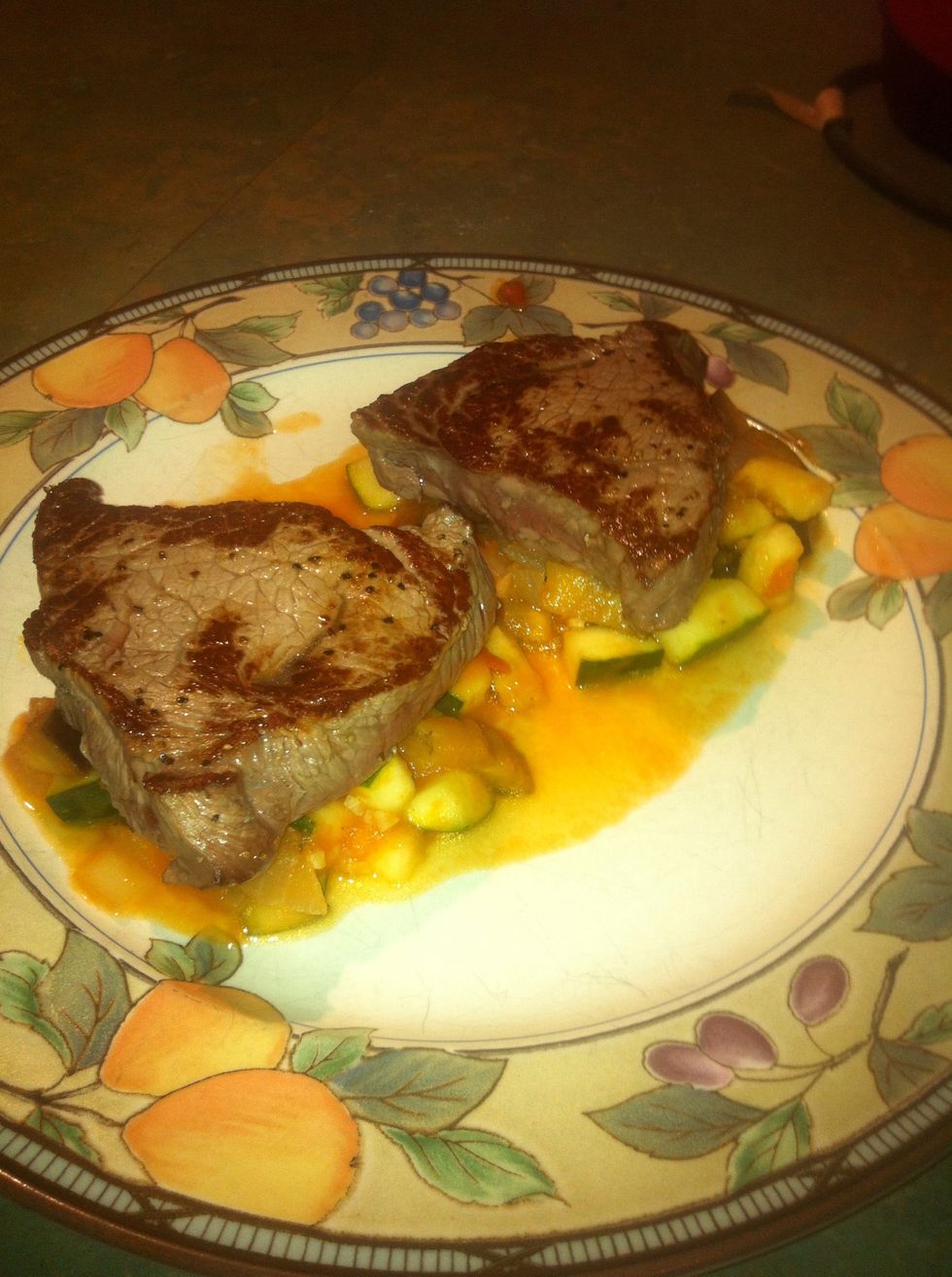 Place your beef on the ratatouille stacks