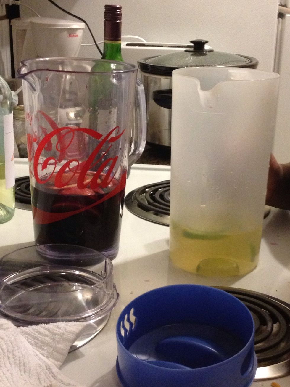Place your cut fruits into the pitchers.