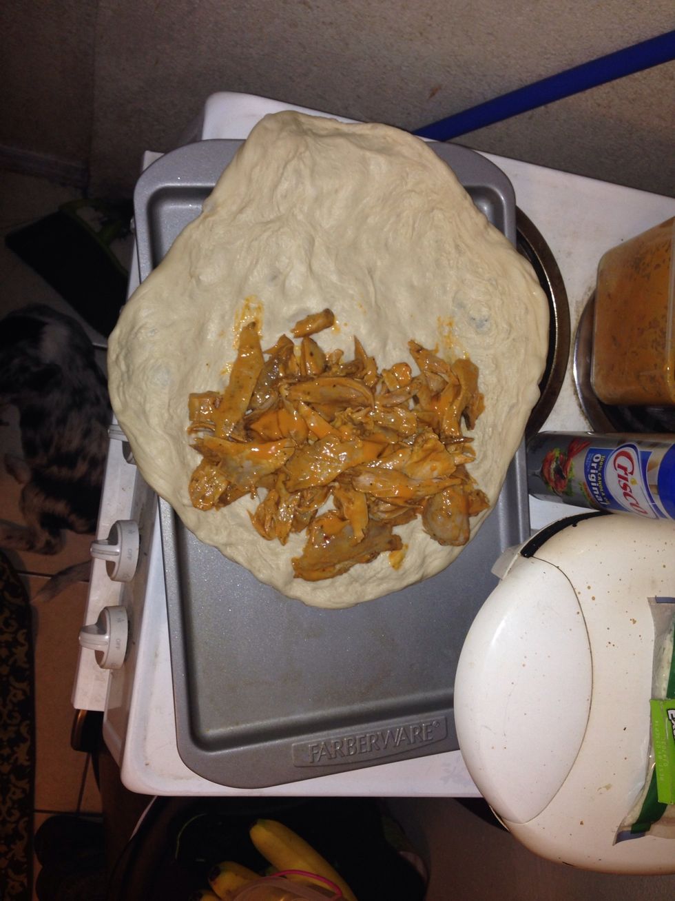 Place your dough on your cookie sheet. Then place your chicken on one side of your circle
