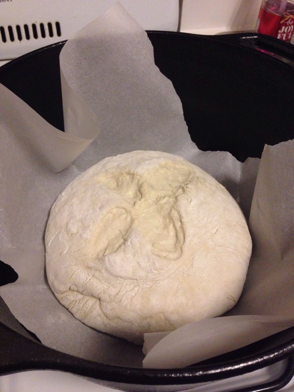 Place your dough onto a sheet of parchment paper for easy lifting and carefully set inside of your Dutch oven. Put the lid on top and bake for 30 minutes. (I like to cut an 'X' on the top of my bread)