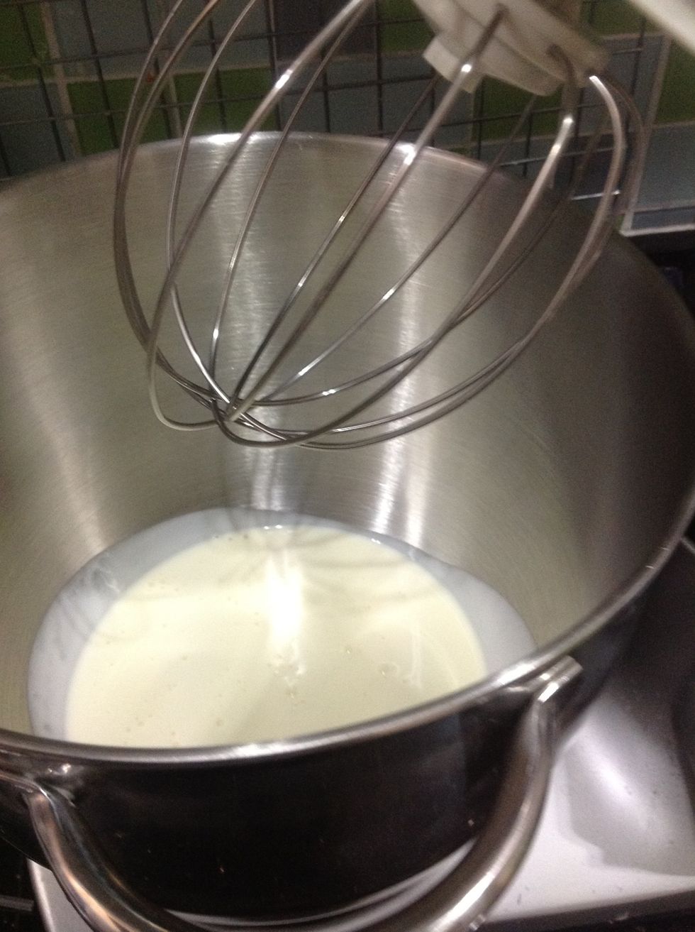 Place your heavy cream in your standing mixer fitted with the whisk attachment and whisk until stiff peaked are formed. Or you can do this by hand, whisking for 3-4 minutes.