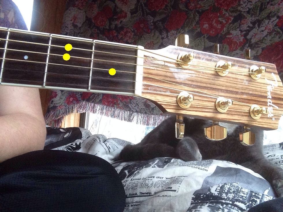 Place your index finger on the 1st fret 4th string. Place your middle finger on the 2nd fret 2nd string. Place your ring finger on the 2nd fret 3rd string. Strum.