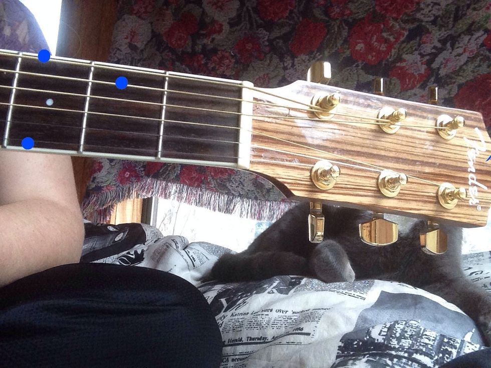Place your index finger on the 2nd fret 2nd string. Place your middle finger on the 3rd fret 1st string. Place your ring finger on the 3rd fret 6th string. Strum.