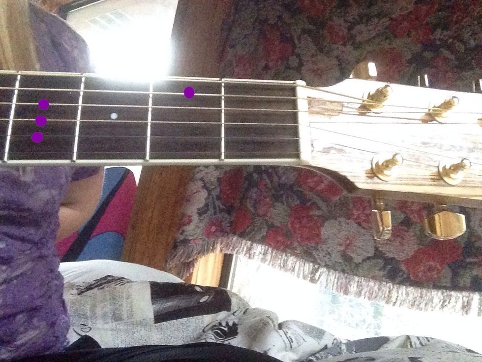 Place your index finger on the 2nd fret 2nd string. Place your ring finger on the 4th fret and then bar it across the 3rd, 4th, and 5th strings. Strum.