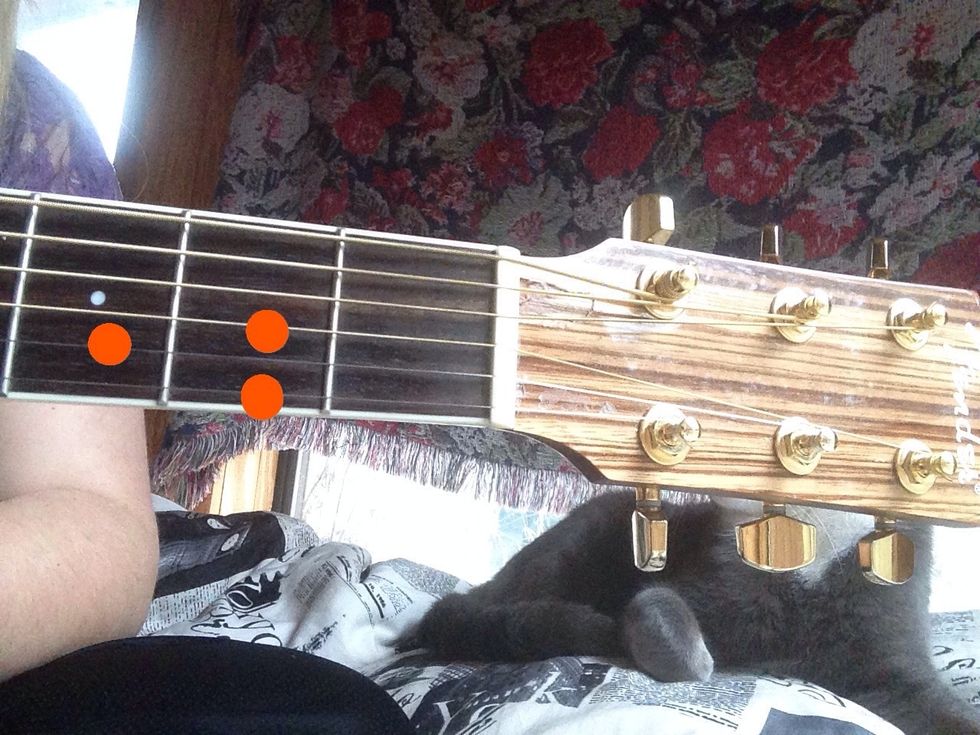 Place your index finger on the 2nd fret 4th string. Place your middle finger on the 2nd fret 6th string. Place your ringer finger on the 3rd fret 5th string. Strum.