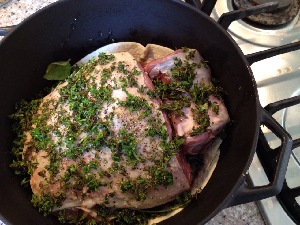 Place your meat on top and sprinkle with the rest of the spices. The little lamb shank felt lonely so I let him join the party.