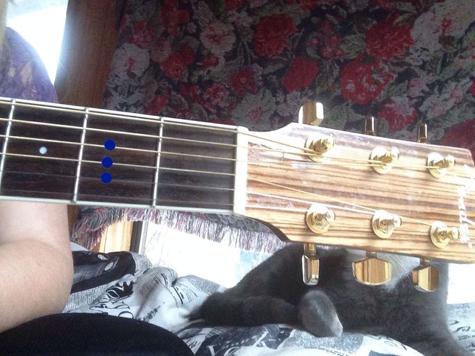 Place your middle finger on the 2nd fret and bar across the 3rd, 4th, and 5th strings. Strum.