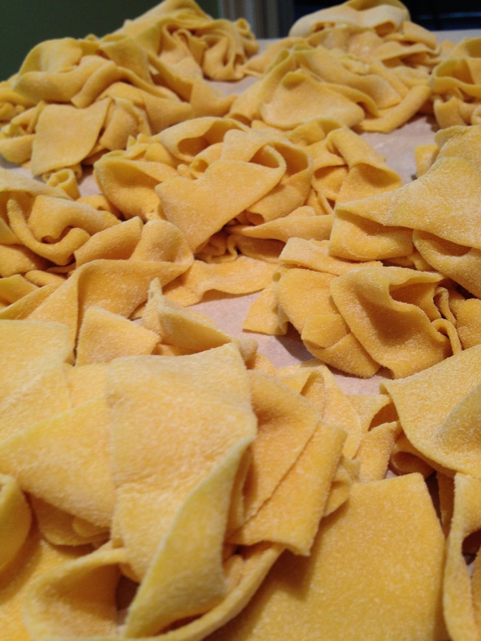 Place your pasta in a bunch of little piles -- mainly just to portion it out and make sure it dries in smaller batches. At this point you can freeze/refrigerate  your pasta -- or go ahead and boil it!