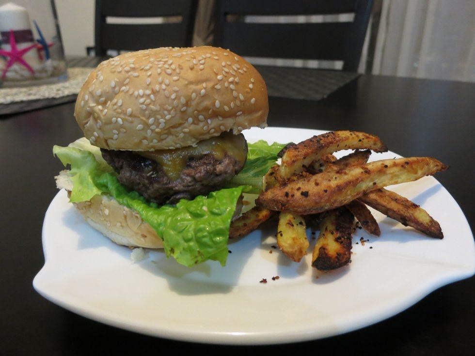 Place your patty on the bun with lettuce or vege of your choice. Add some baked potato fries on the side and we're done. \ud83d\ude0d yay!