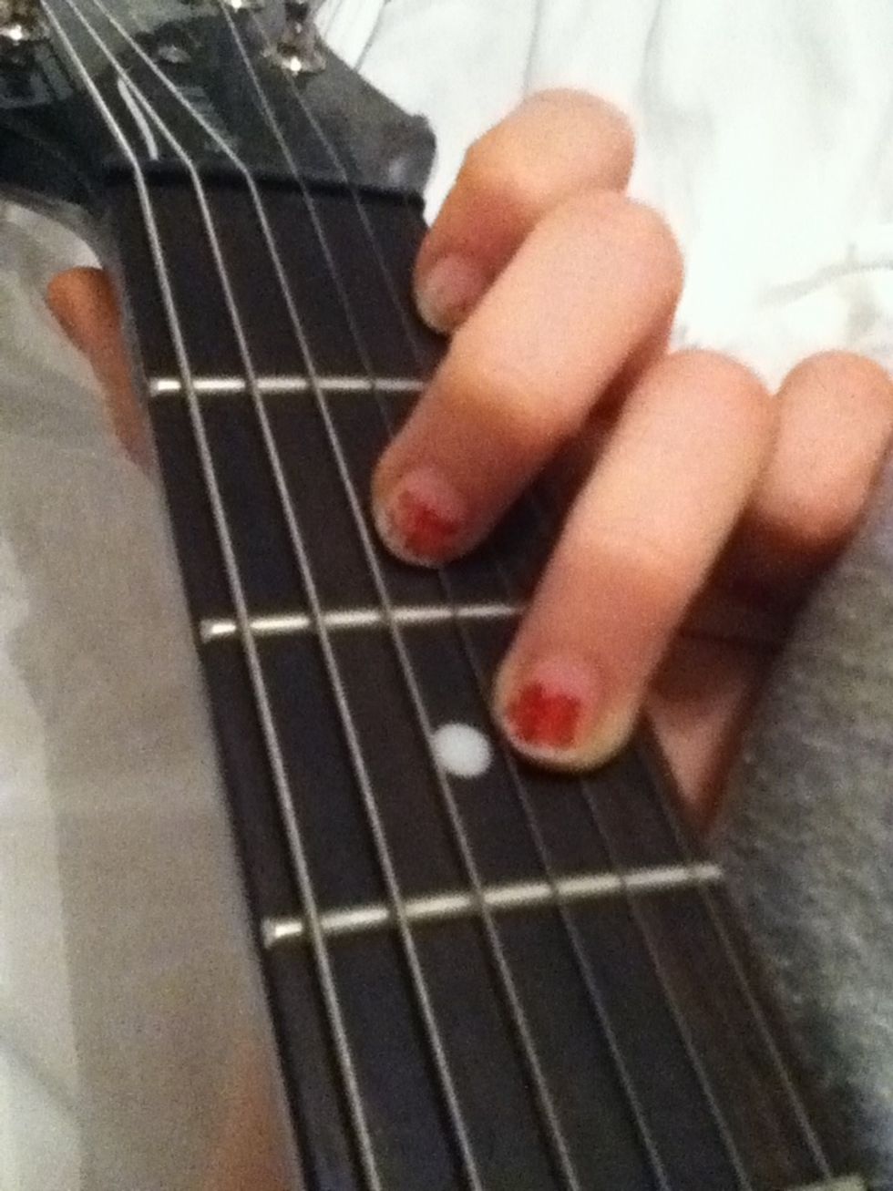 Place your ring finger at the fifth string (B string) on third fret. Yes it hurts a little if its you first time you're doing it ;)