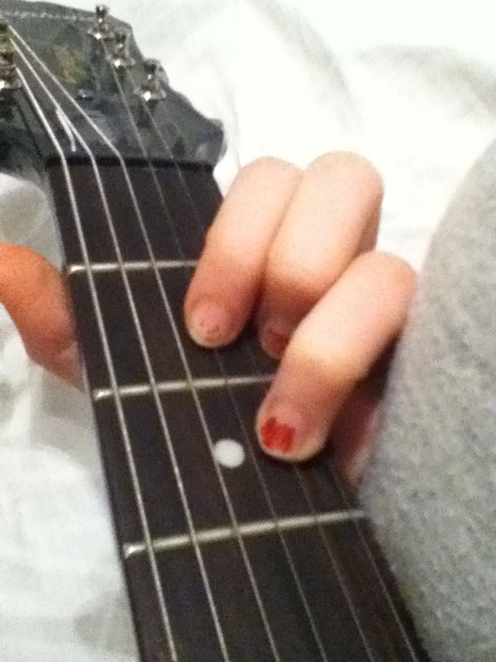Place your ring finger at the string between the two others (B string), but at the next fret.