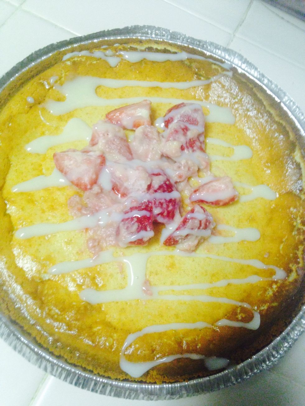 Place your strawberries on top and let cool in fridge for a bit (looks kind of crappy because I chose to only use a bit of strawberries on top but you can use to your liking)