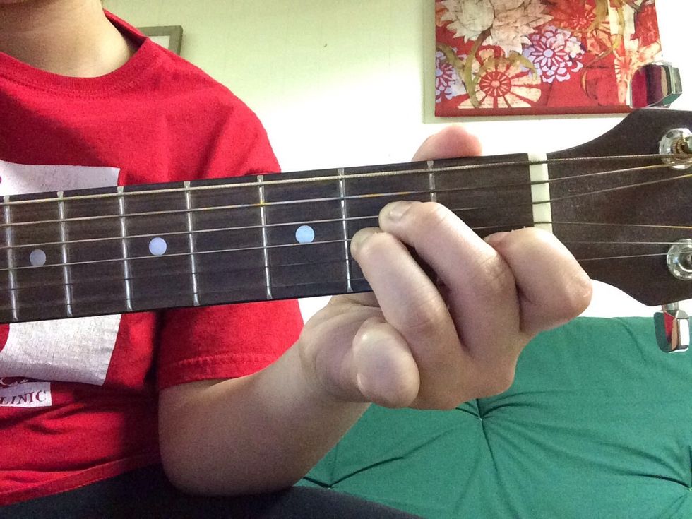 Place your third finger on the G string on the third fret.