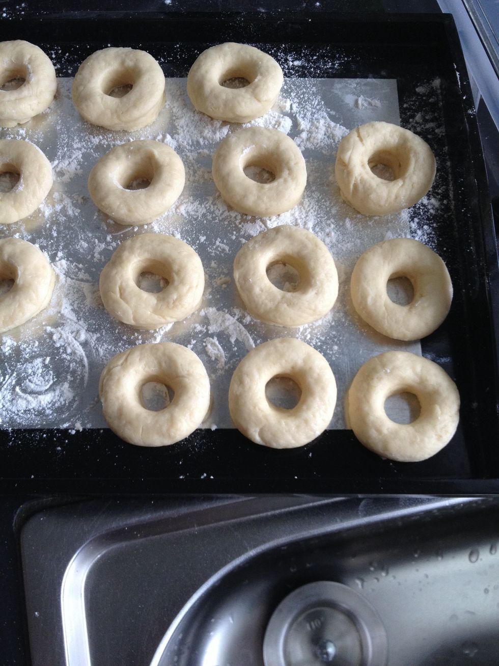 Placed cut out doughnuts on floured surface.