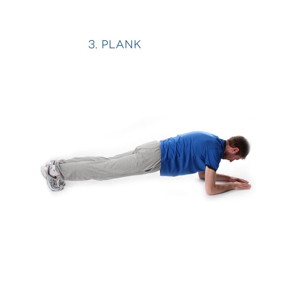 Plank - Great for core stability. Lie prone, resting on your forearms. Ensure you engage your abdominal muscles and squeeze your glutes to support the posture. Hold for 20 seconds