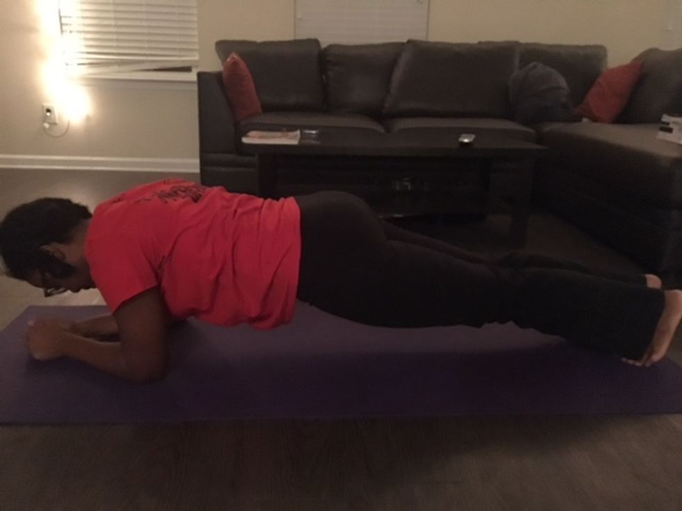Planks - Hold plank position for 30seconds - 1 minute, making sure your body is parallel to the ground. Can be modified by resting your knees on the ground as well!