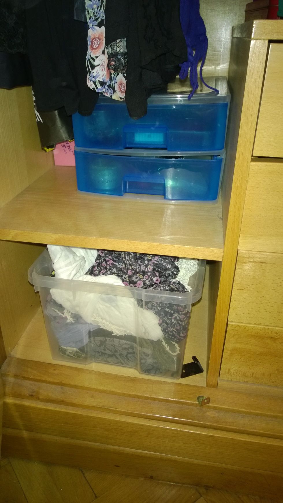 Plastic boxes: transparent ones are the best ones for keeping small clothes. Also the one with drawers are perfect for all the small jewelry and other items.