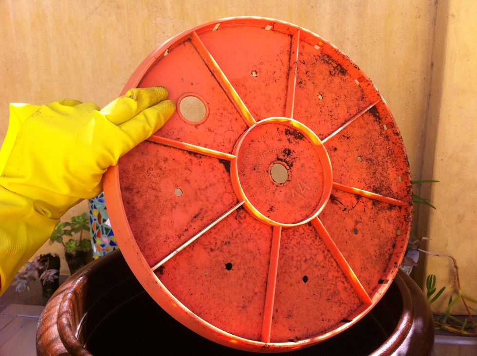 Plastic Ups -a-Daisy insert used instead of gravel or broken crockery for improved drainage.