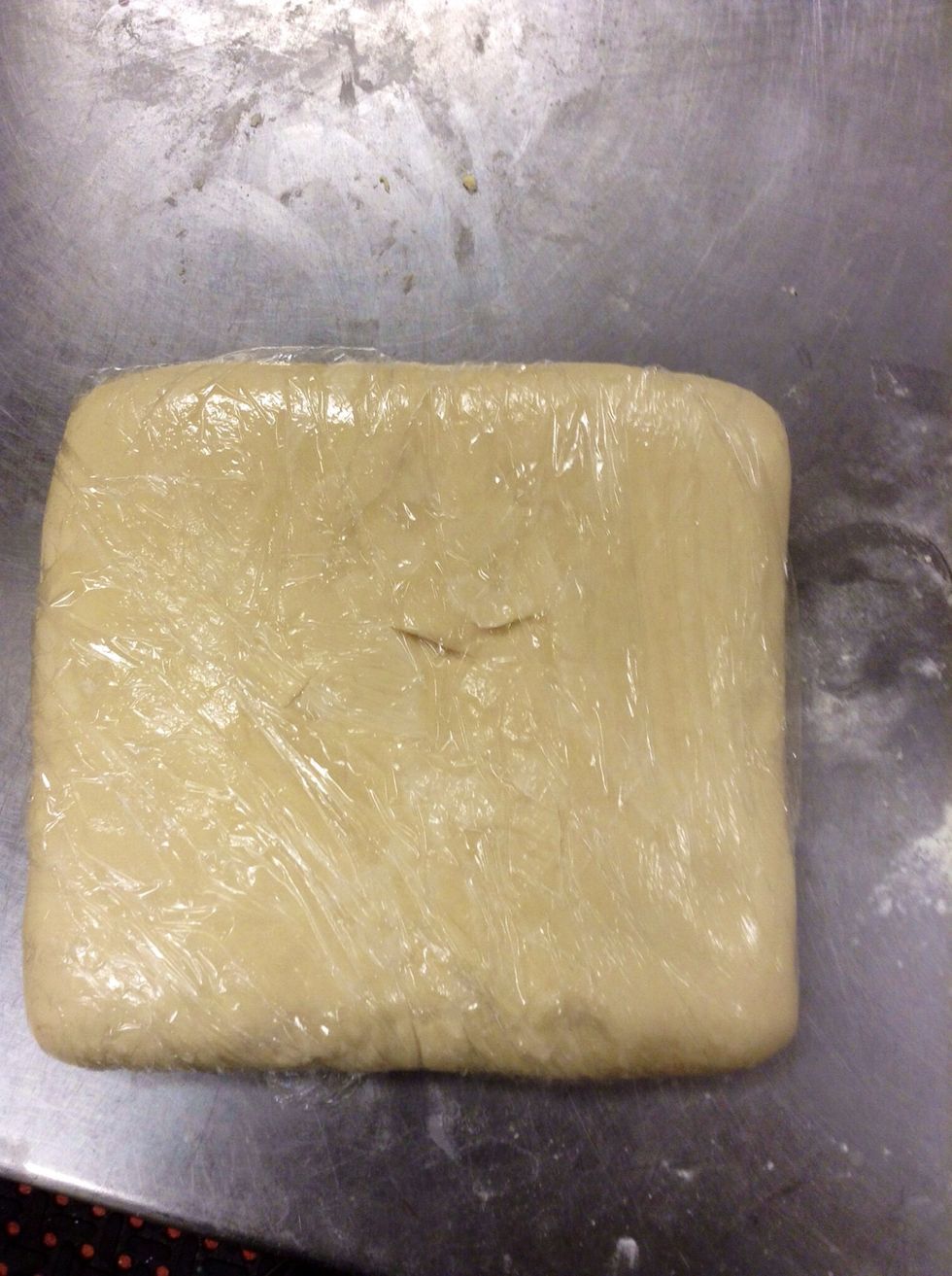 Plastic wrap and place in fridge for about 30 min. Until butter and dough are the same temp. And feel.