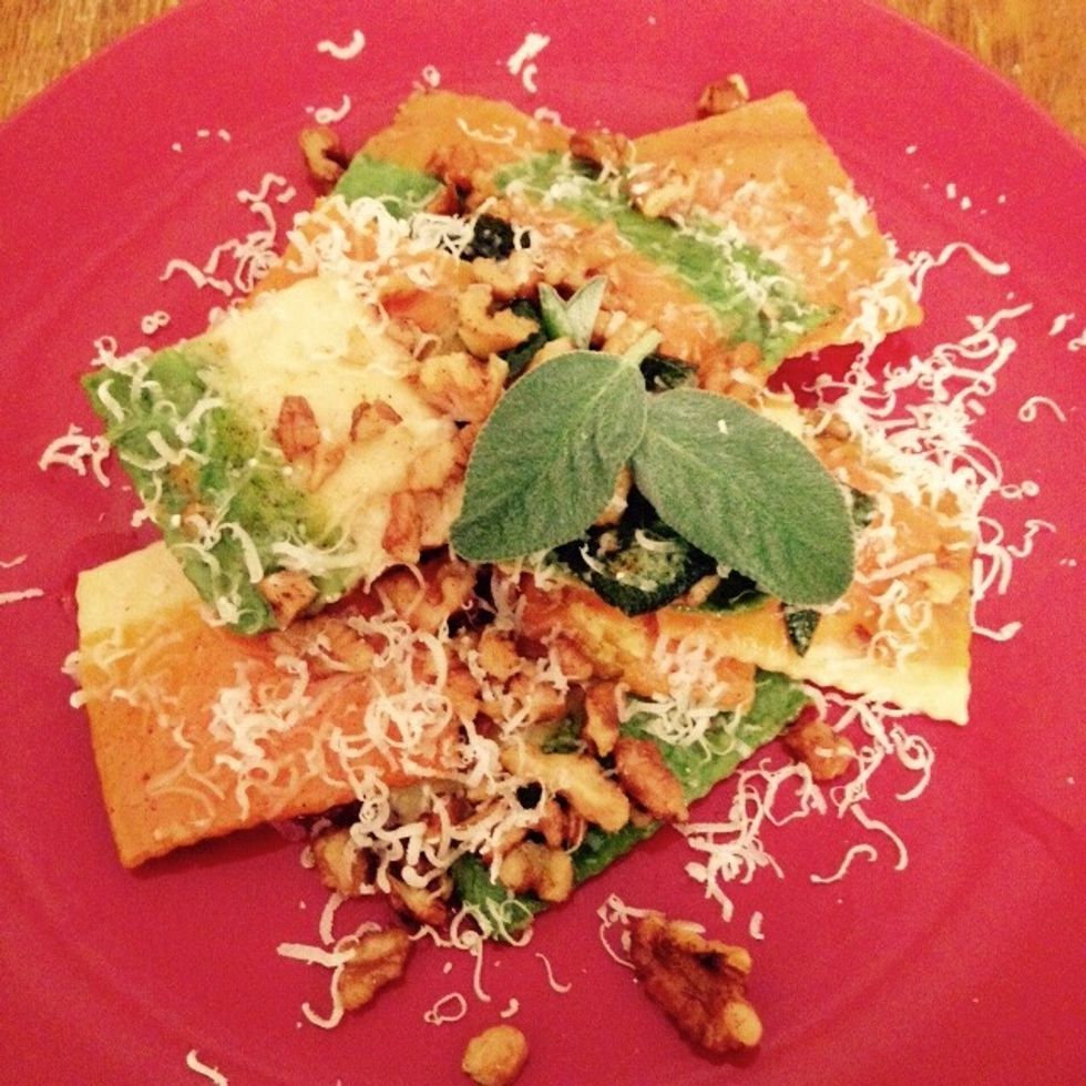 Plate and dust with some freshly shaved parmesan. Garnish with some tiny fresh sage leaves.