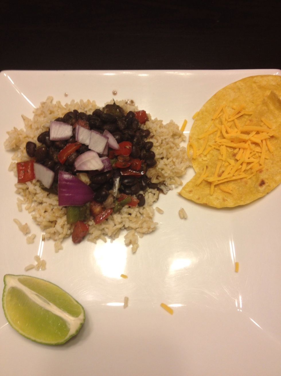 Plate, beans and rice are 398 cals, one tortilla is 55
