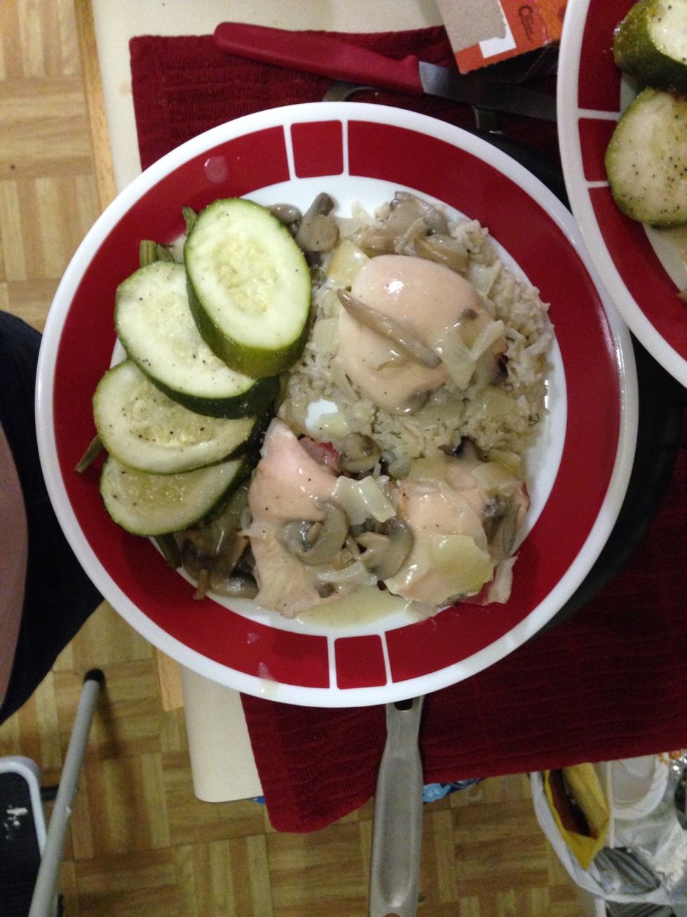 Plate.. I made a brown rice mound flattened a hole placed one roll on it and two beside poured the mushroom sauce on the chicken And baked zucchini and string beans with a little oil